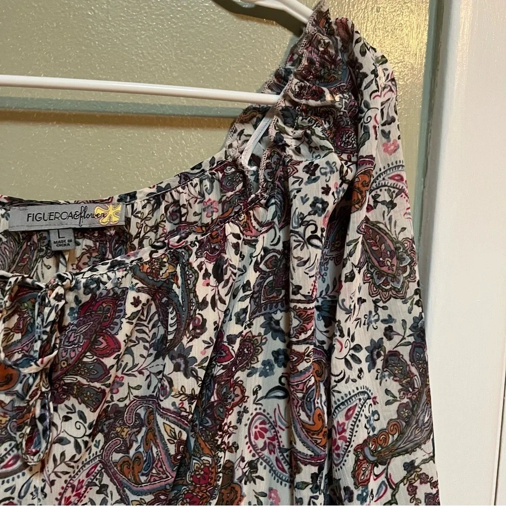 Figueroa & Flower Women's Size Large Midi Dress Boho Paisley Floral Off Shoulder